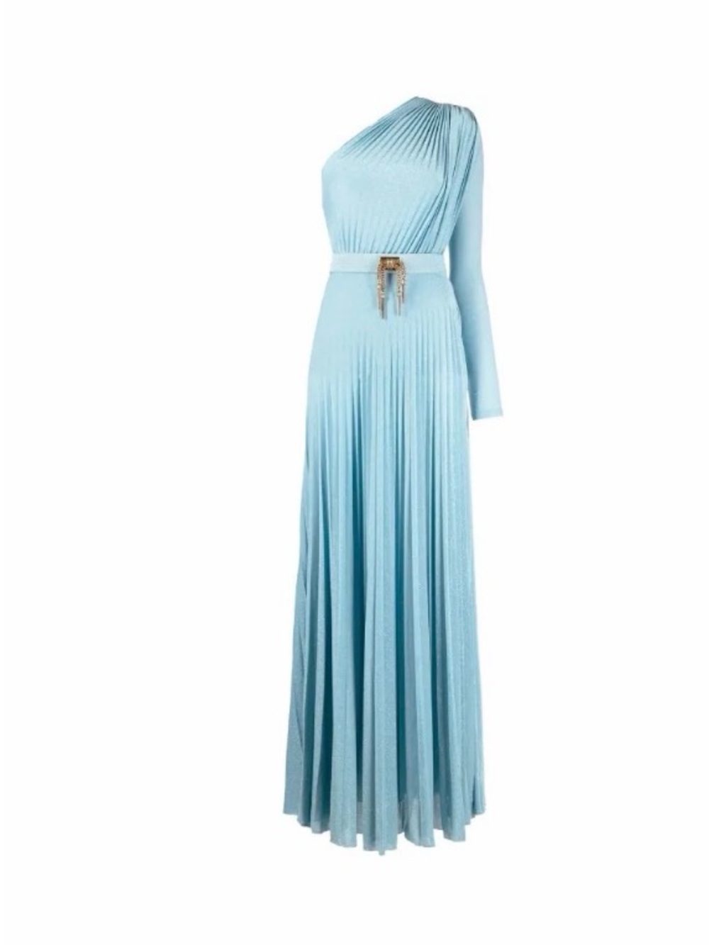 One-Shoulder Pleated Evening Gown in Light Blue with Decorative Buckle